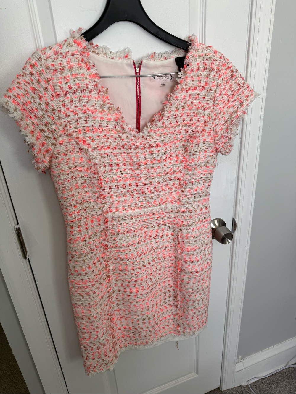 Nanette Lepore Pink and White Tweed V-Neck Dress